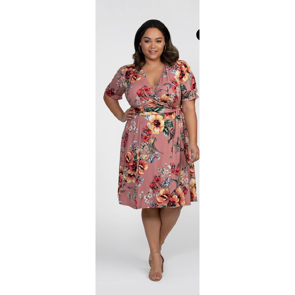 Kiyonna Womens Dress Pink Floral Tuscan Tie Wrap 2X Party Date Night Romantic - Picture 4 of 8